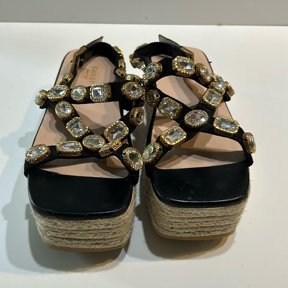 Gucci Black Nylon and Leather Pepita Crystals Platform Espadrille - Picture 1 of 7